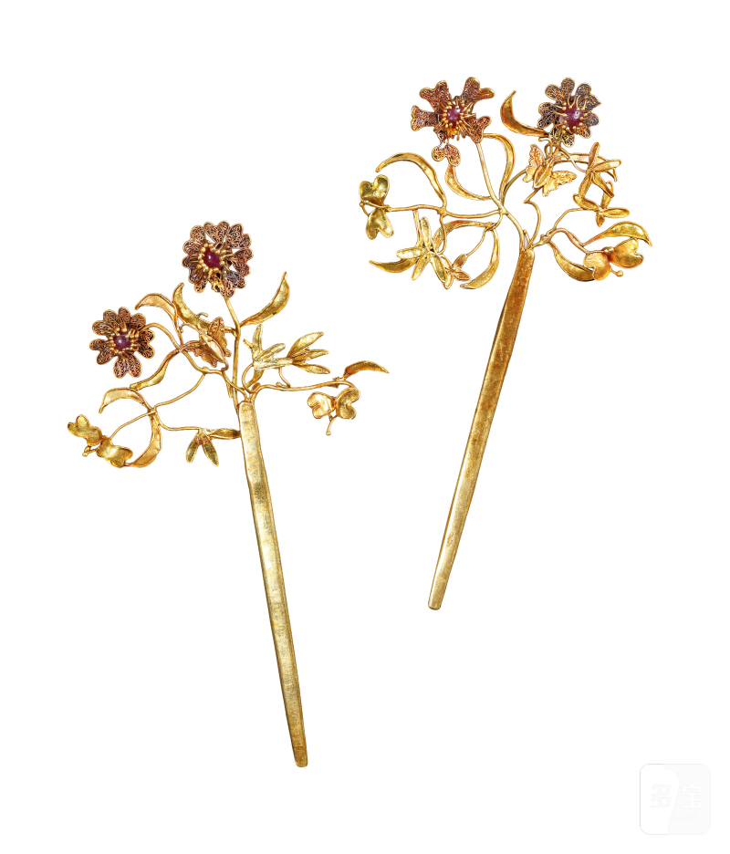 明 金嵌宝石花卉发簪一对 - 图2